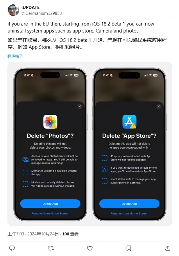 浩口原种场苹果手机维修分享iOS 18.2 支持删除 App Store 应用商店 