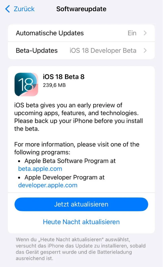 浩口原种场苹果手机维修分享苹果 iOS / iPadOS 18 开发者预览版 Beta 8 发布 